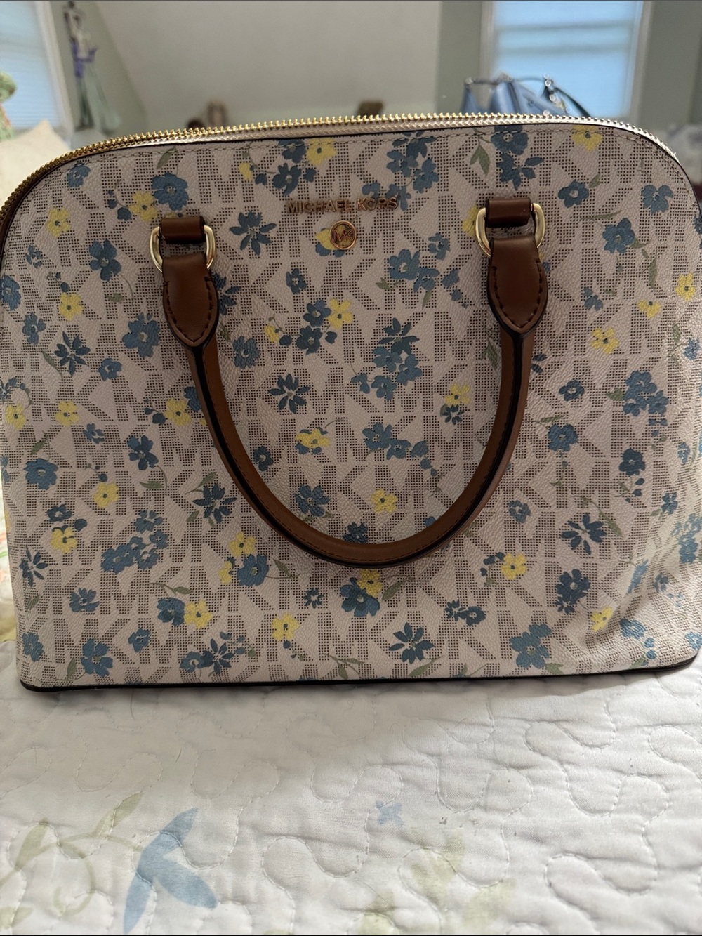 Michael Kors Floral Dome Satchel in Blue, Yellow, Brown